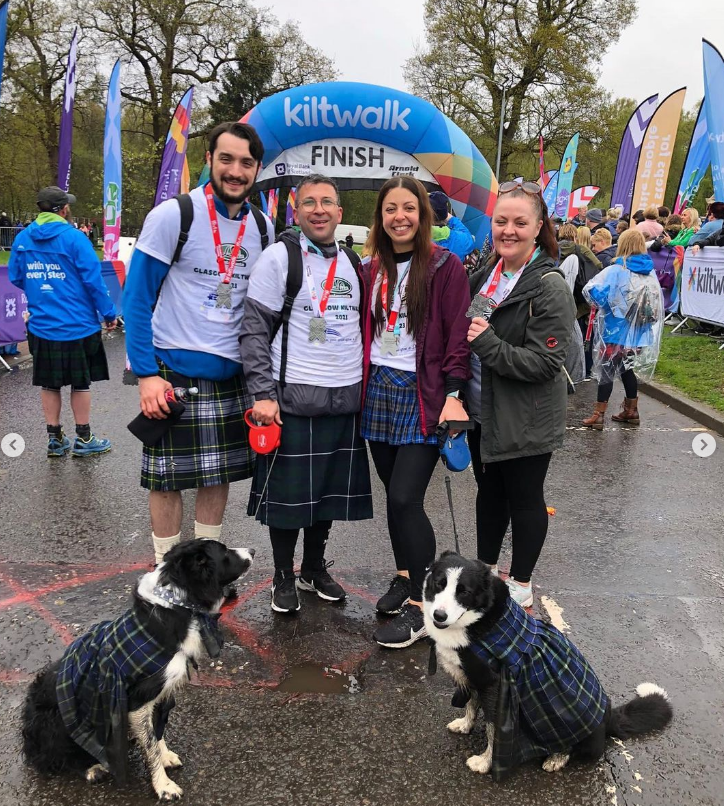 Glasgow Kiltwalk Finish Line with tartan dogs 2023